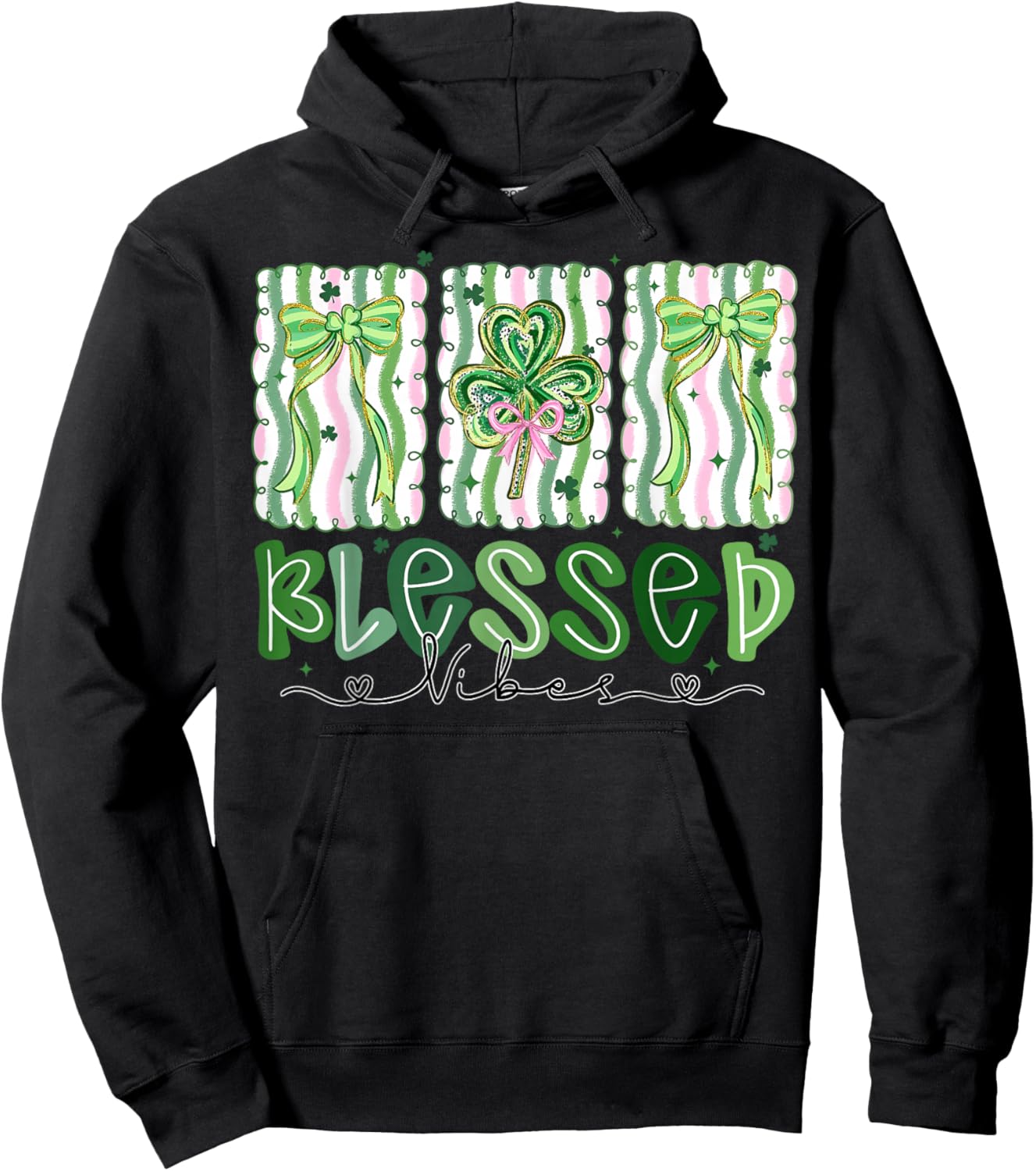 Preppy St Patrick's Day Shamrocks Coquette Bow Blessed Vibes Hoodie - Hoodie | Black