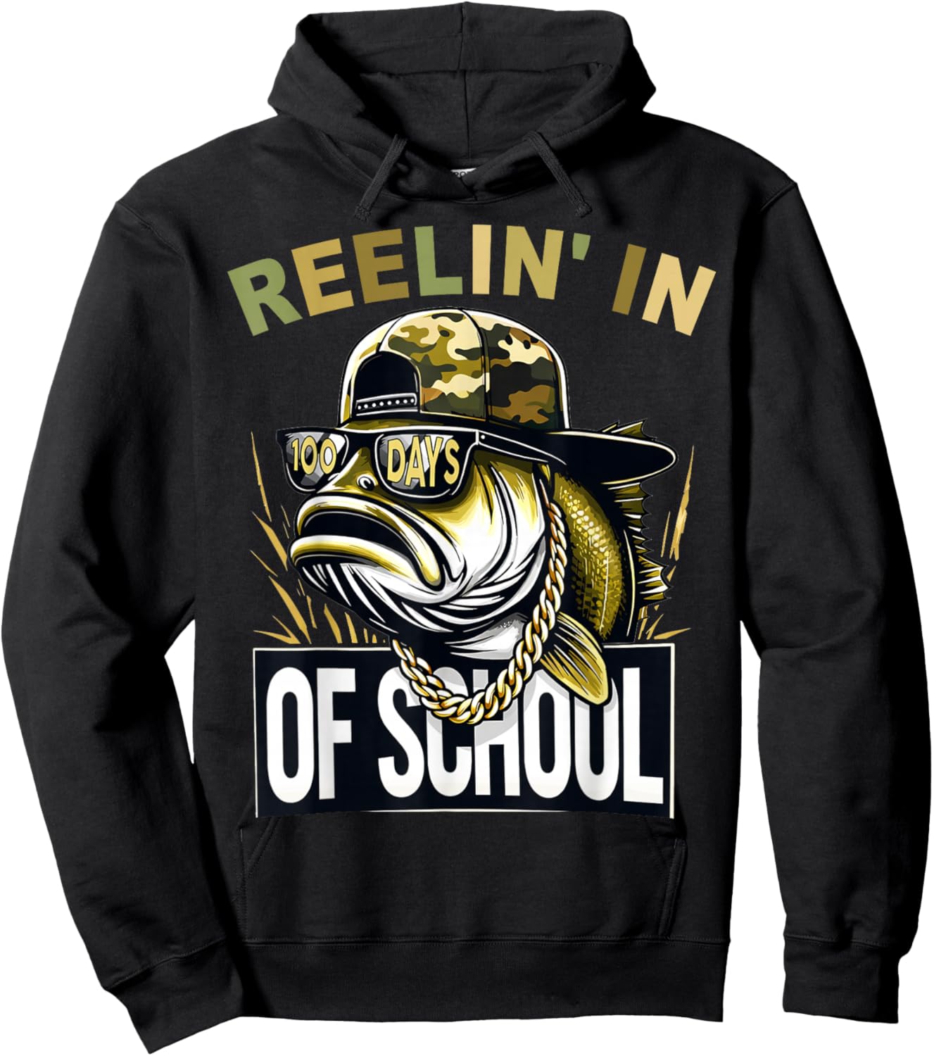 Retro Reelin’ in 100 Days of School Camo Bass Fishing Boys Hoodie - Hoodie | Black