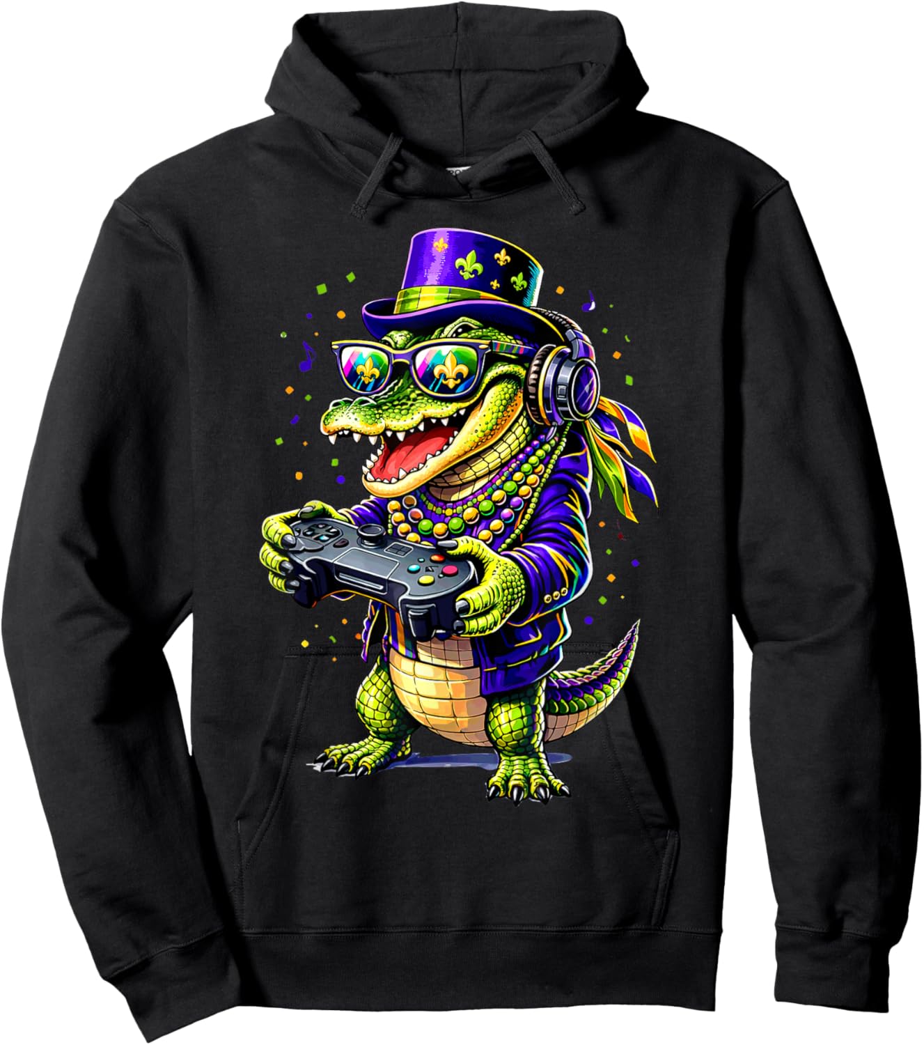 Funny Alligator Playing Video Game Gamer Gaming Mardi Gras Hoodie - Hoodie | Black