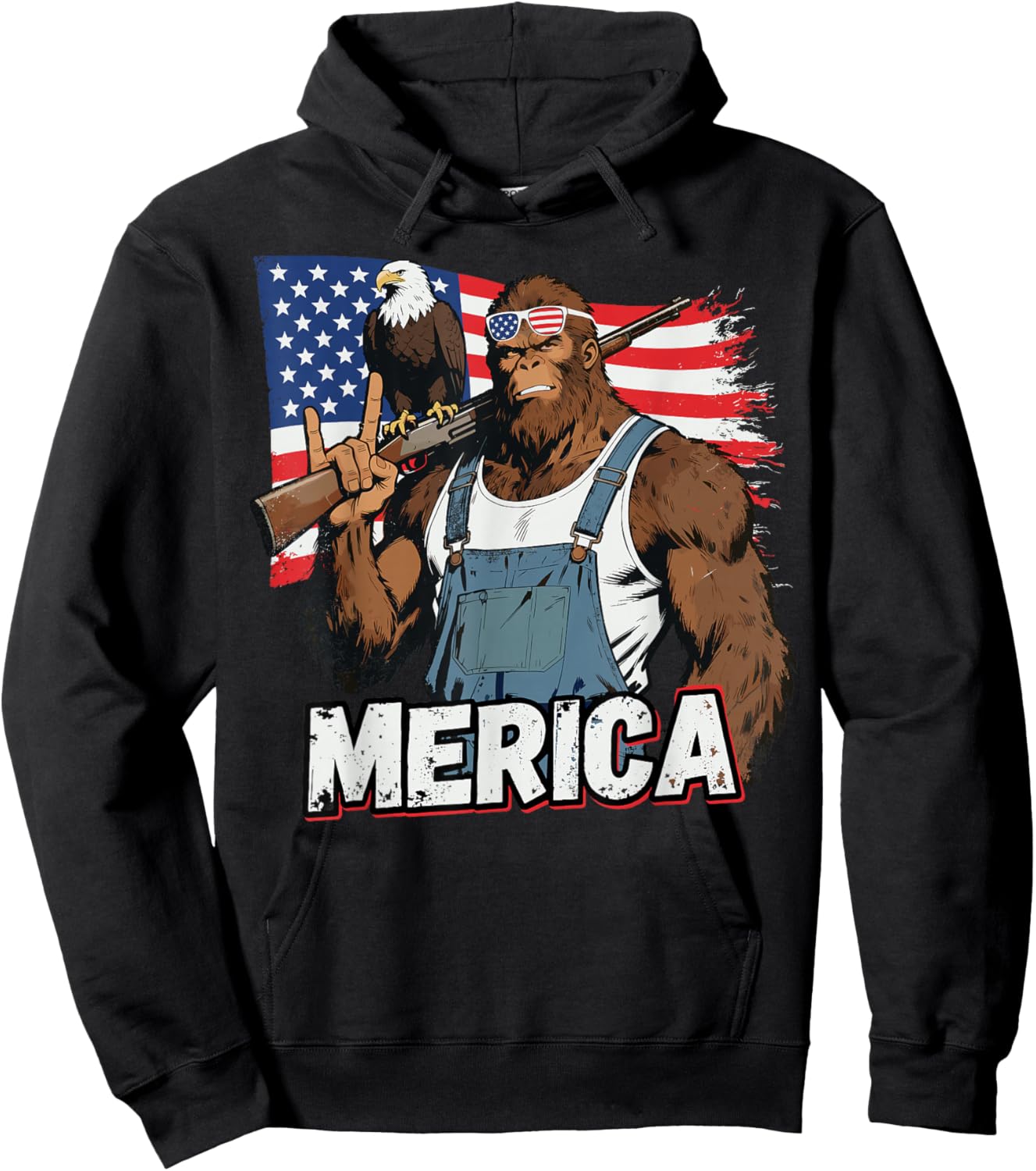 Bigfoot Merica Rock American Flag Patriotic 4th of July Hoodie - Hoodie | Black
