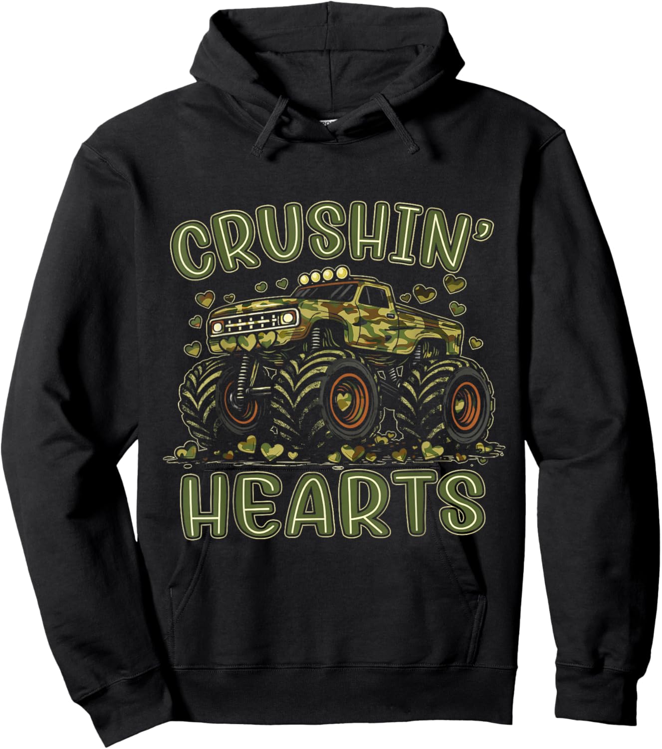 Valentine Camouflage Truck Crushin' Hearts Boy Kids Monster Hoodie - Hoodie | Black
