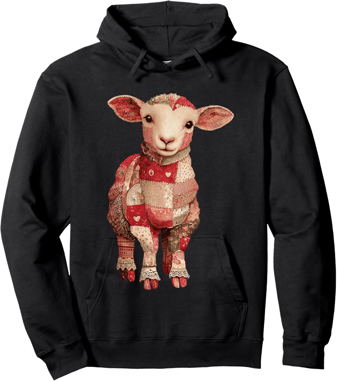Cute Patchwork Lamb with Hearts Farmhouse Style Hoodie - Hoodie | Black