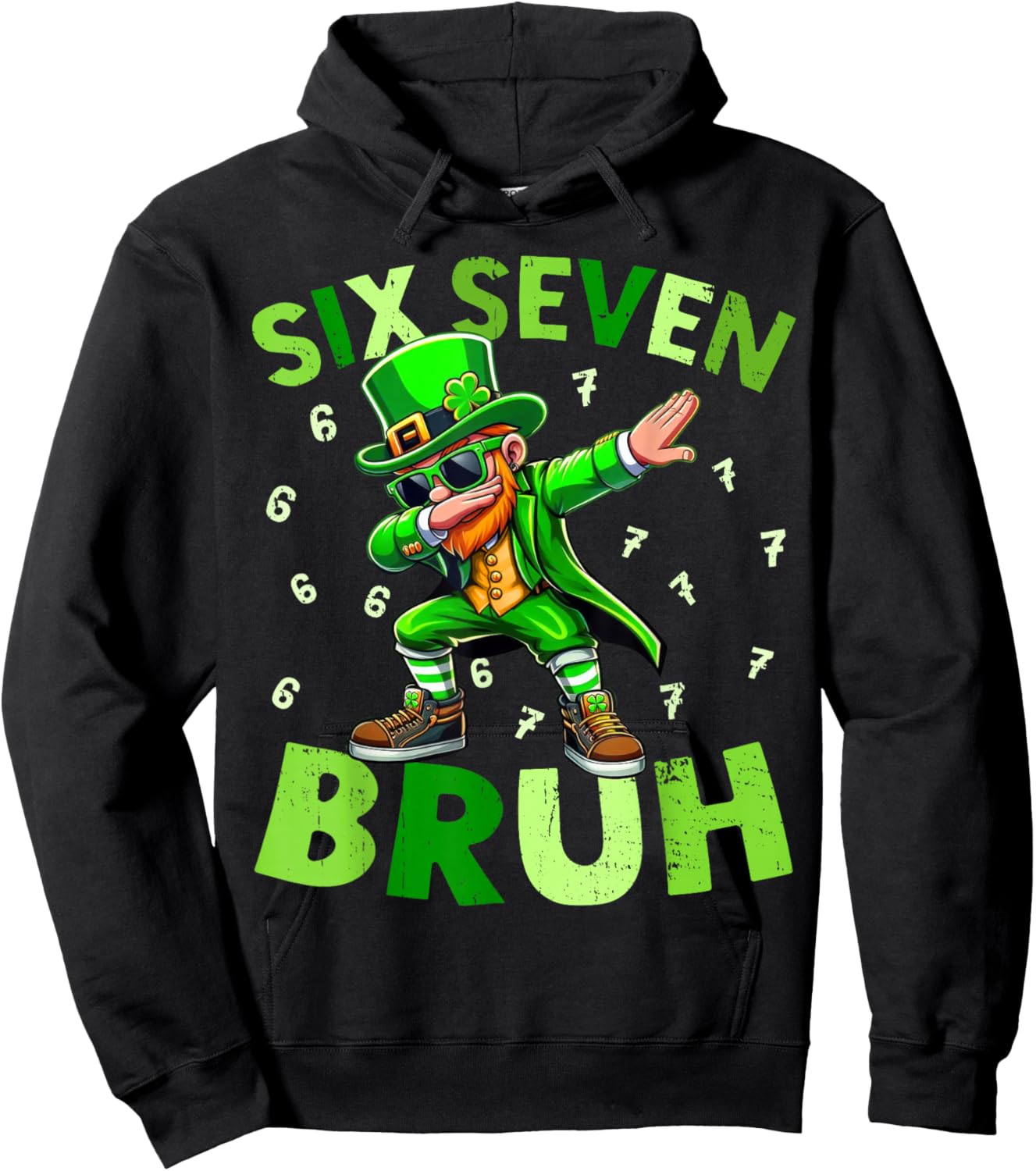 Six Seven Bruh St Patricks Day Shirt Dabbing Leprechaun Kids Hoodie - Hoodie | Black