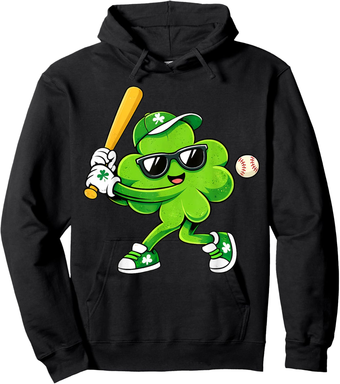 Lucky Shamrock Playing Baseball Funny St Patrick's Kids Boys Hoodie - Hoodie | Black
