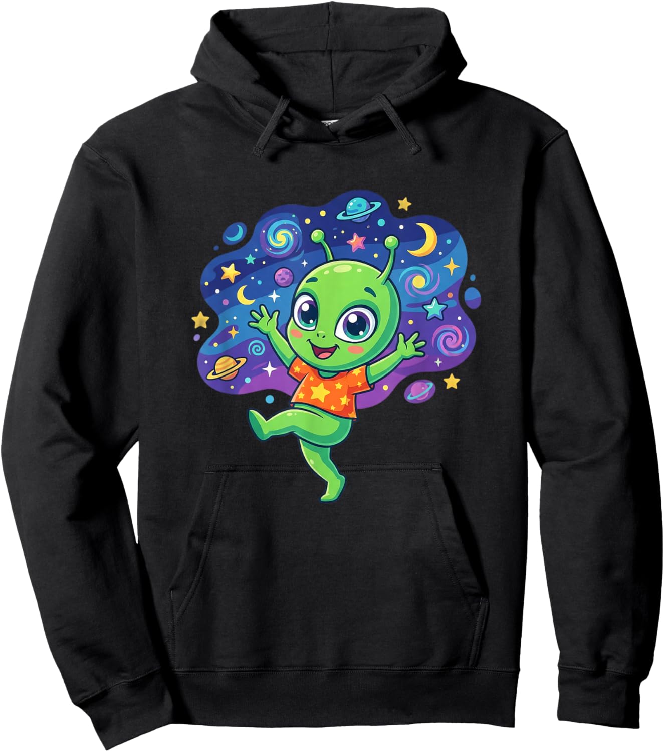 Kawaii Green Alien in Colorful Space Galaxy Hoodie - Hoodie | Black