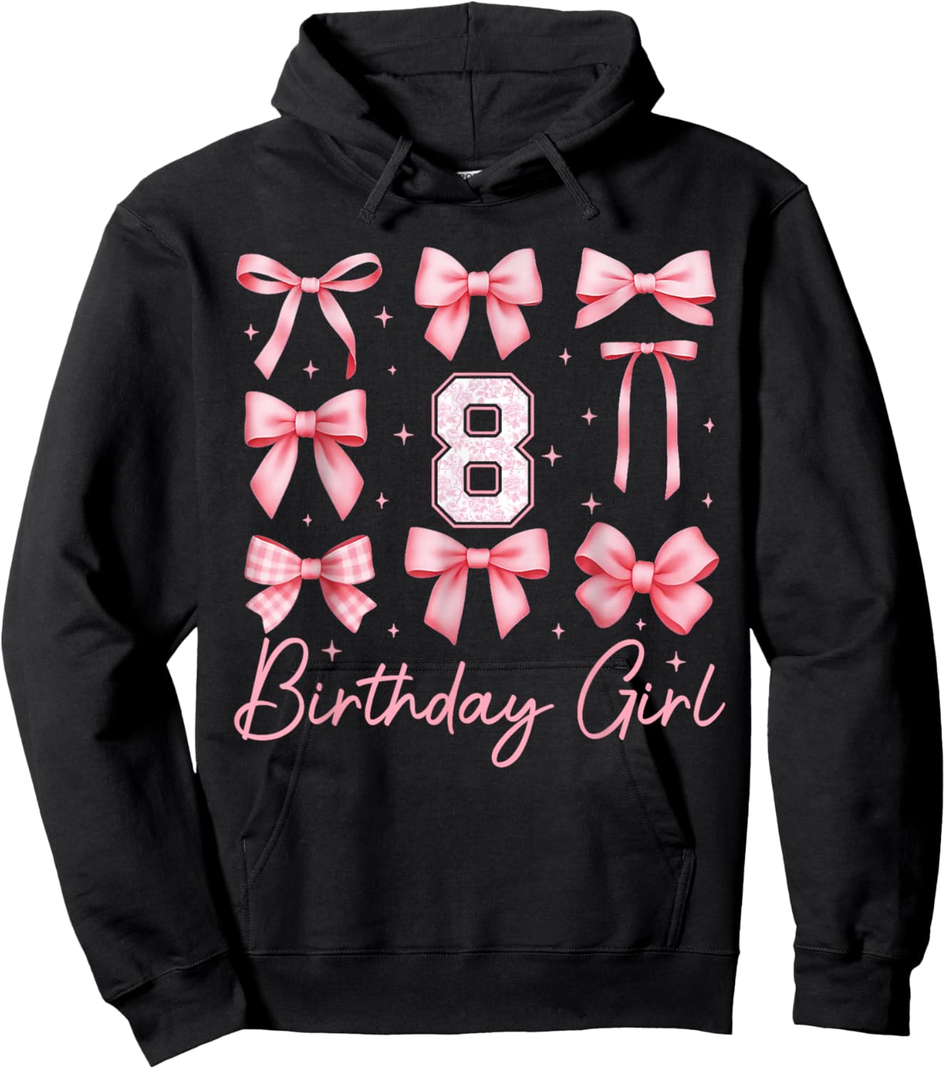 8th Birthday Girl Coquette Bow Pink Floral Toile 8 Year Old Hoodie - Hoodie | Black