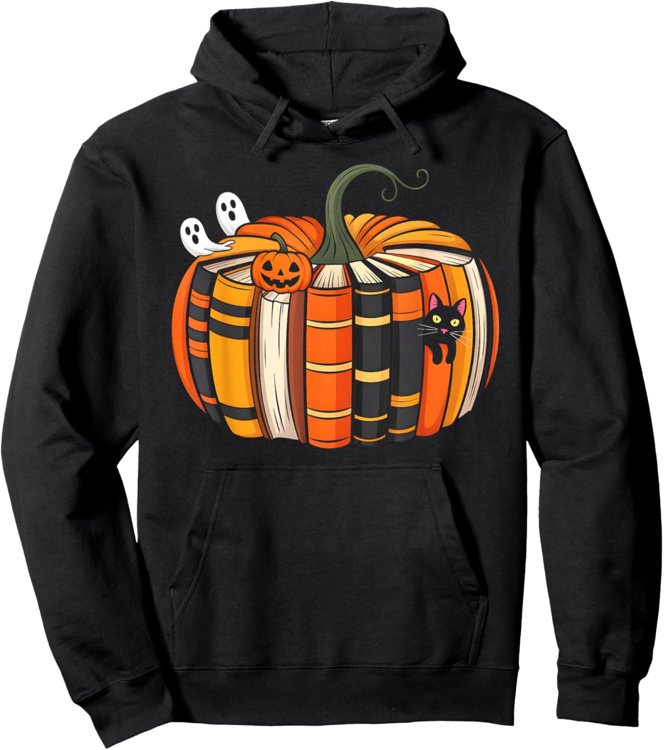 Fall Book Pumpkin Autumn Ghost Black Cat Halloween Teacher Hoodie - Hoodie | Black