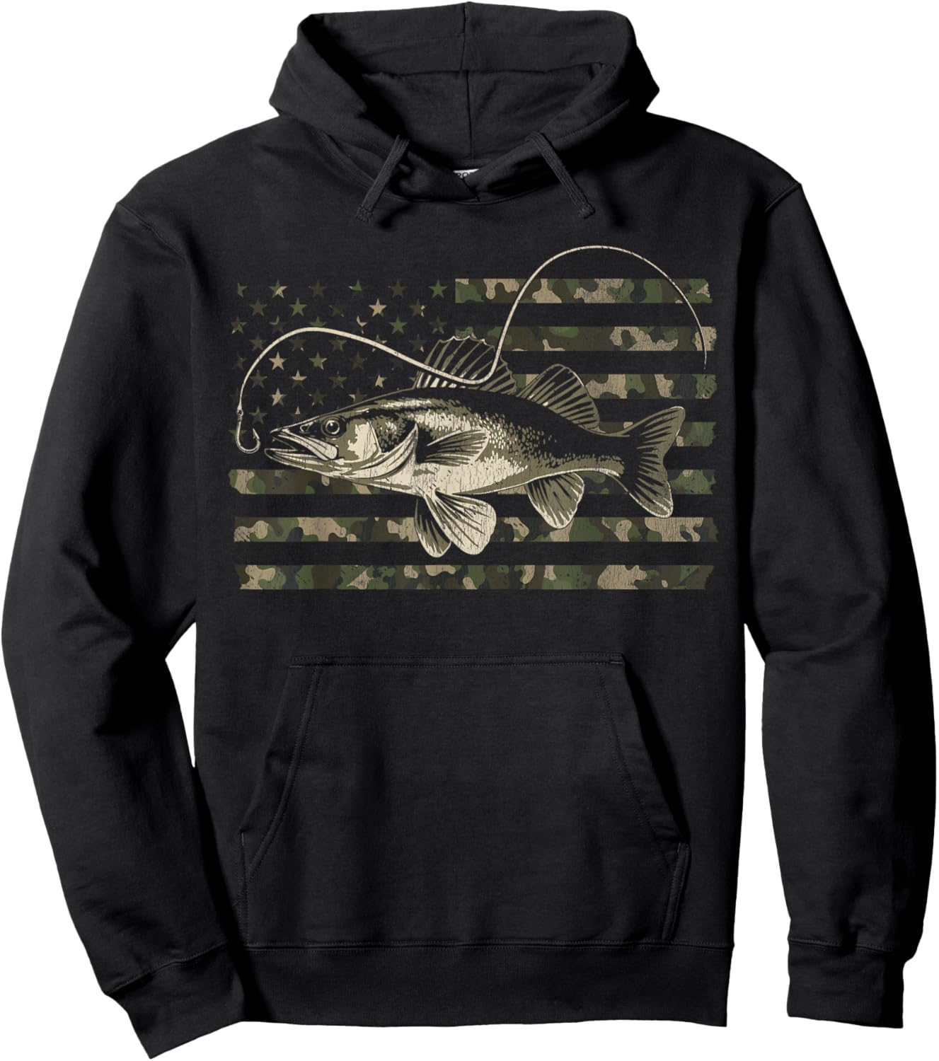 Walleye Fishing Camo American Flag Hoodie - Hoodie | Black