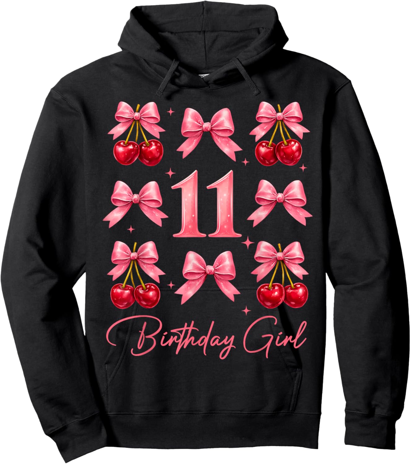 11th Birthday Girl Cute Coquette Bow Cherry 11 Year Old Kids Hoodie - Hoodie | Black