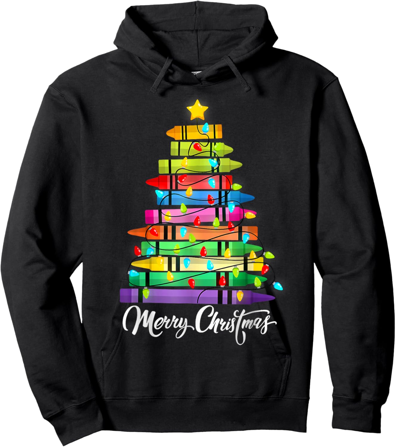Teacher Crayon Merry Christmas Tree Lights School Xmas Hoodie - Hoodie | Black