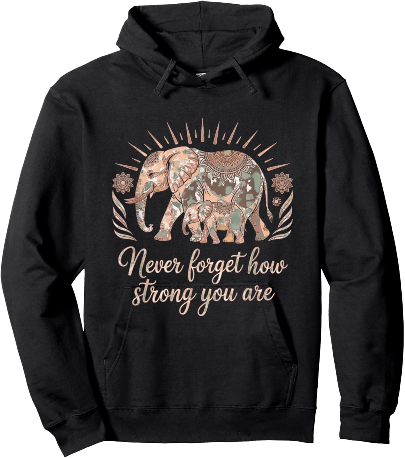 Boho Elephant Strength and Resilience Affirmation Hoodie - Hoodie | Black