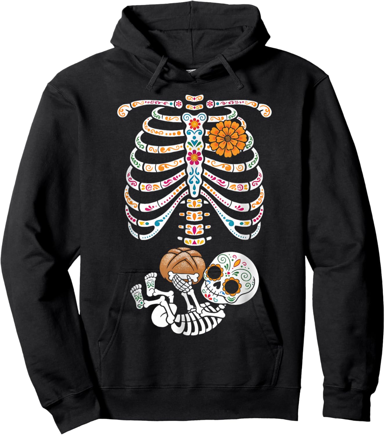 Pregnancy Skeleton Dia De Los Muertos Mexican Belly Bump Hoodie - Hoodie | Black