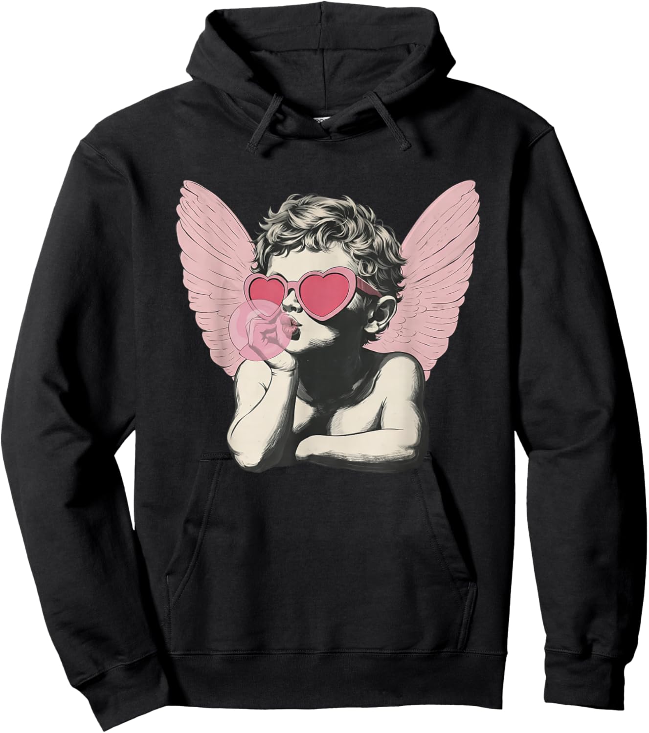 Vintage Cute Cupid in Sunglasses Blowing Bubble Valentine Hoodie - Hoodie | Black