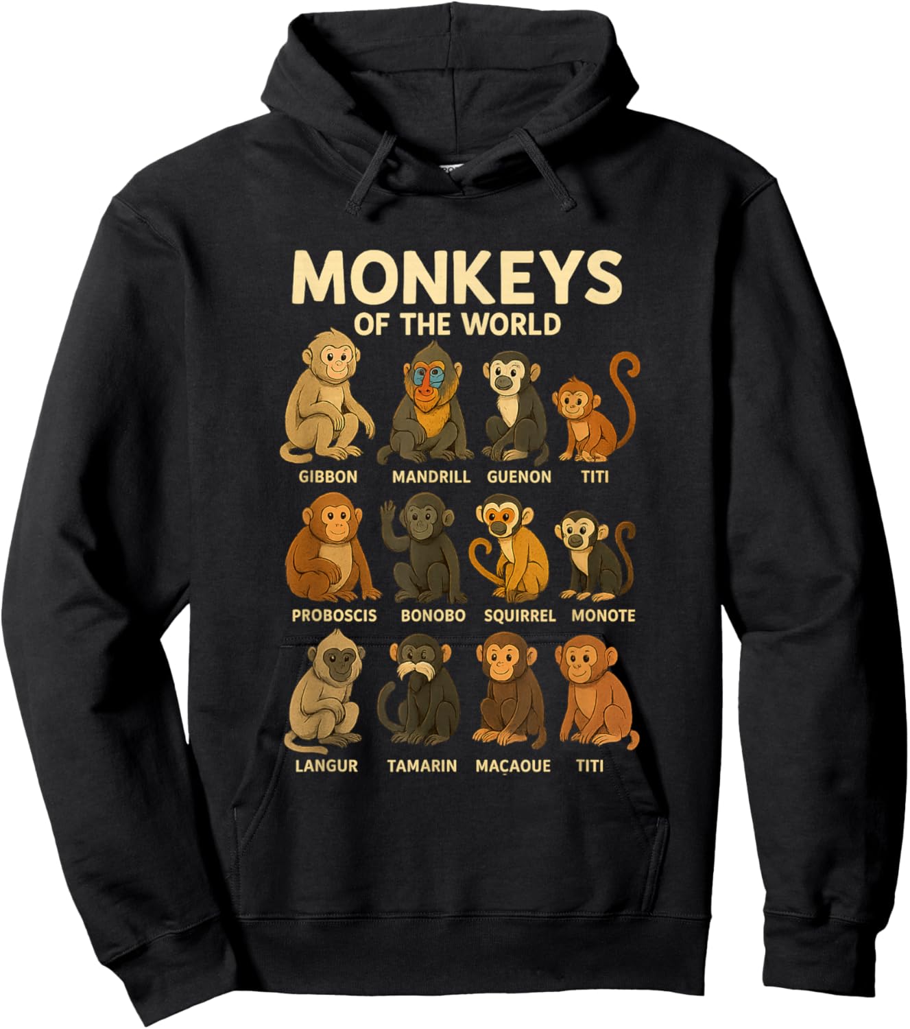 Monkeys of The World Cute Primate Species Cartoon Shirt Hoodie - Hoodie | Black
