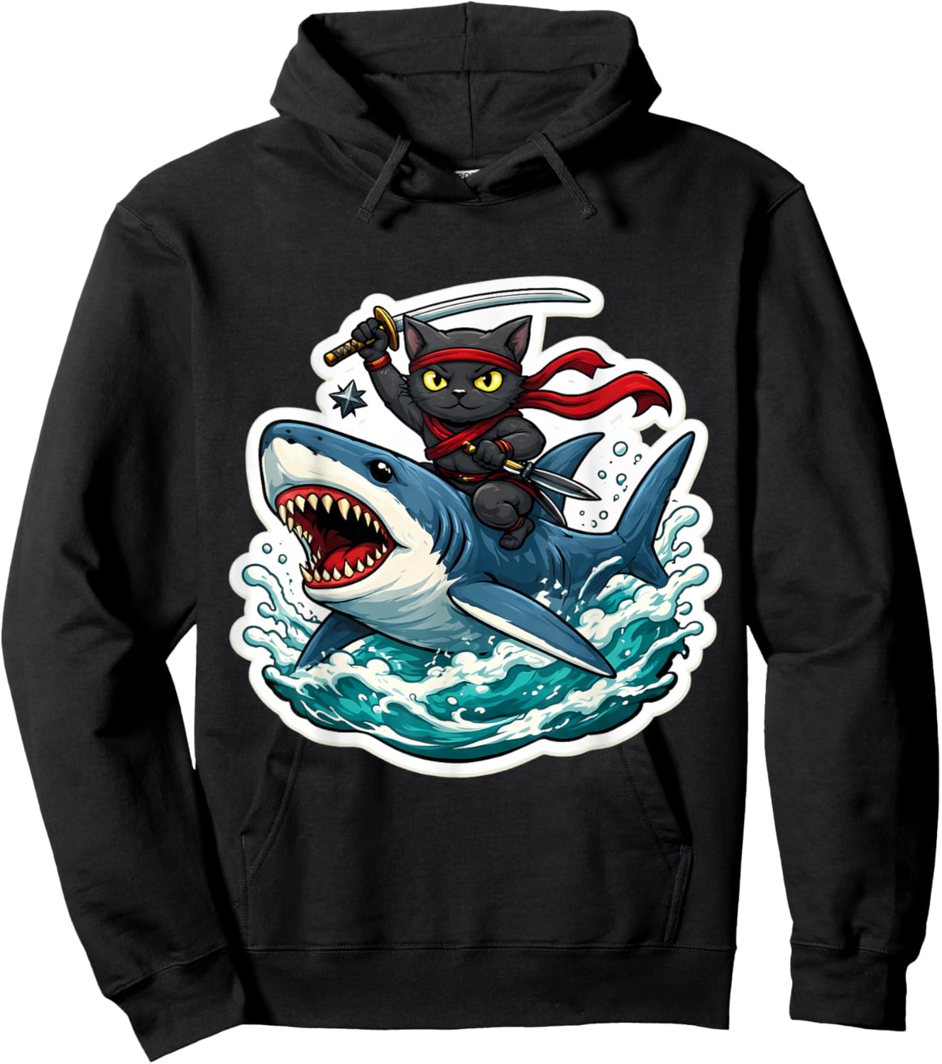 Ninja Cat Riding Shart Funny Cartoon Owner Feline Lover Art Hoodie - Hoodie | Black