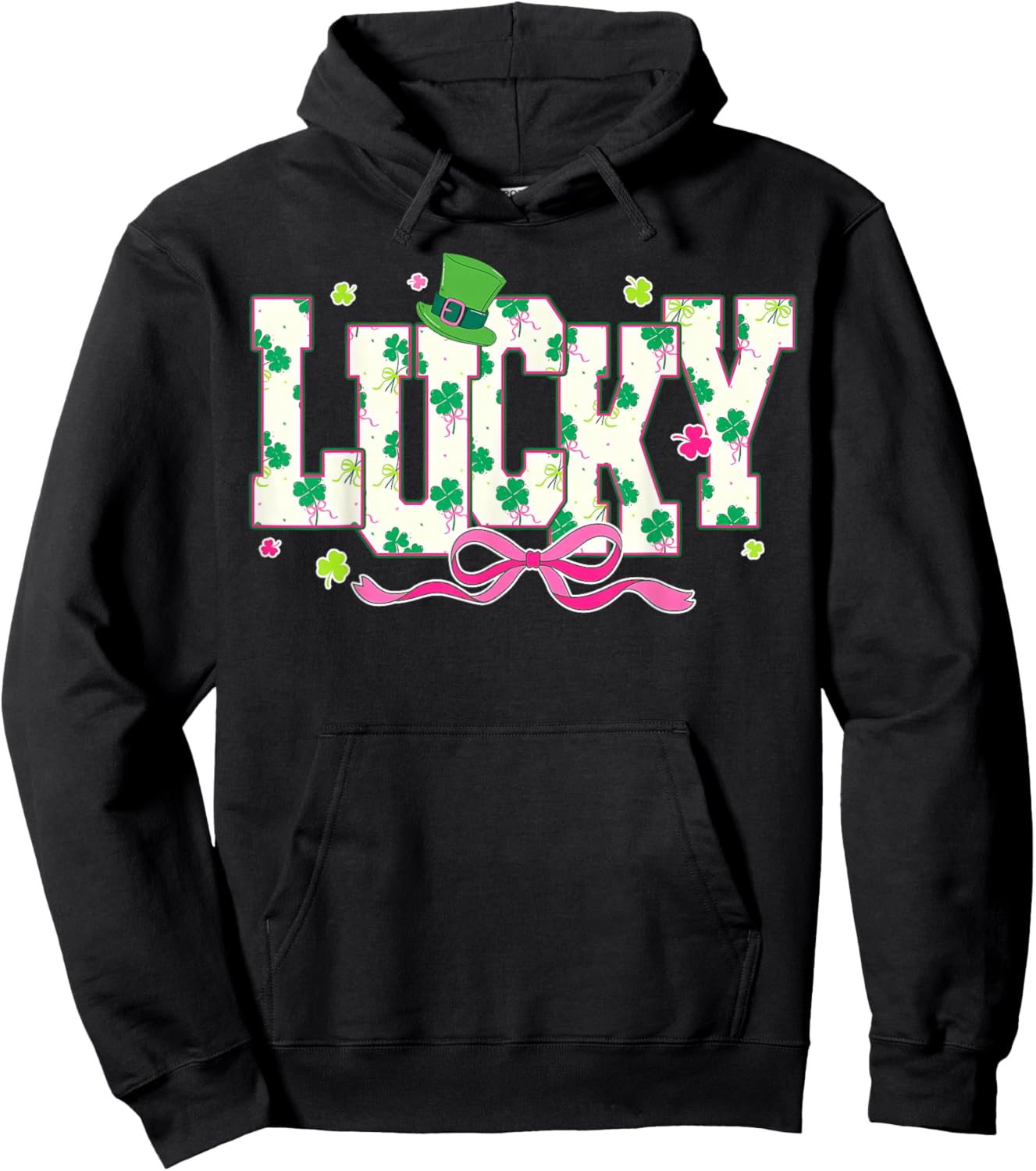 St Patricks Day Lucky Shamrock Coquette Bow Blessed Vibes Hoodie - Hoodie | Black