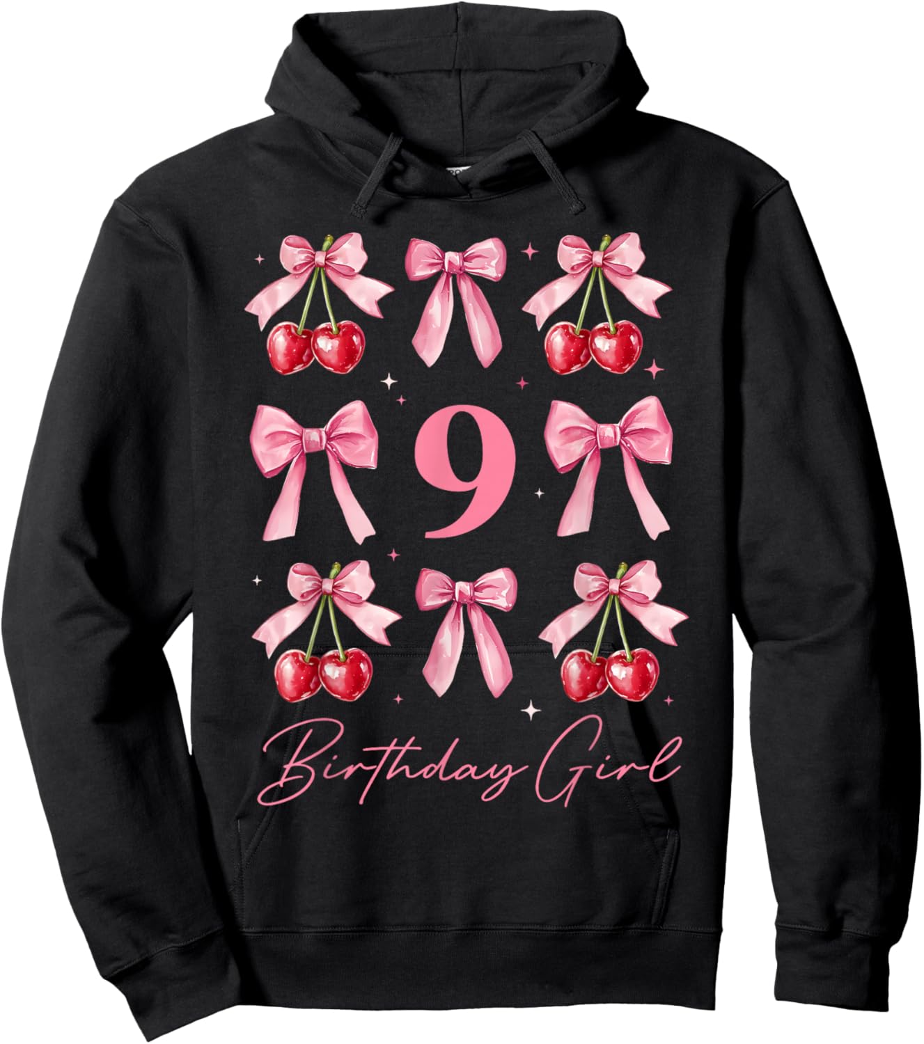 Birthday Girl 9th Birthday Cherry Coquette Bow 9 Year Old Hoodie - Hoodie | Black