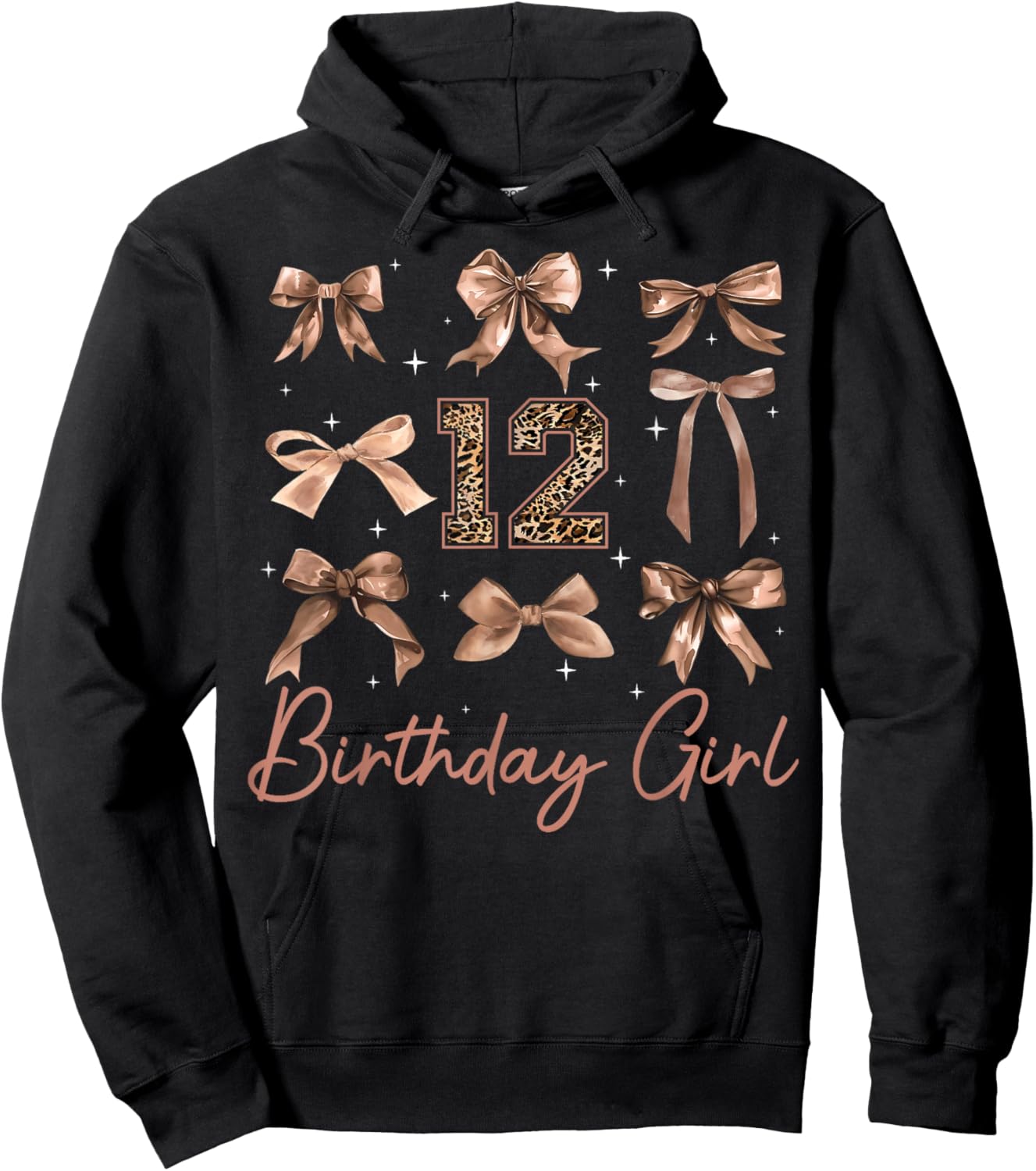 12th Birthday Girl Coquette Bow Leopard 12 Year Old Girls Hoodie - Hoodie | Black