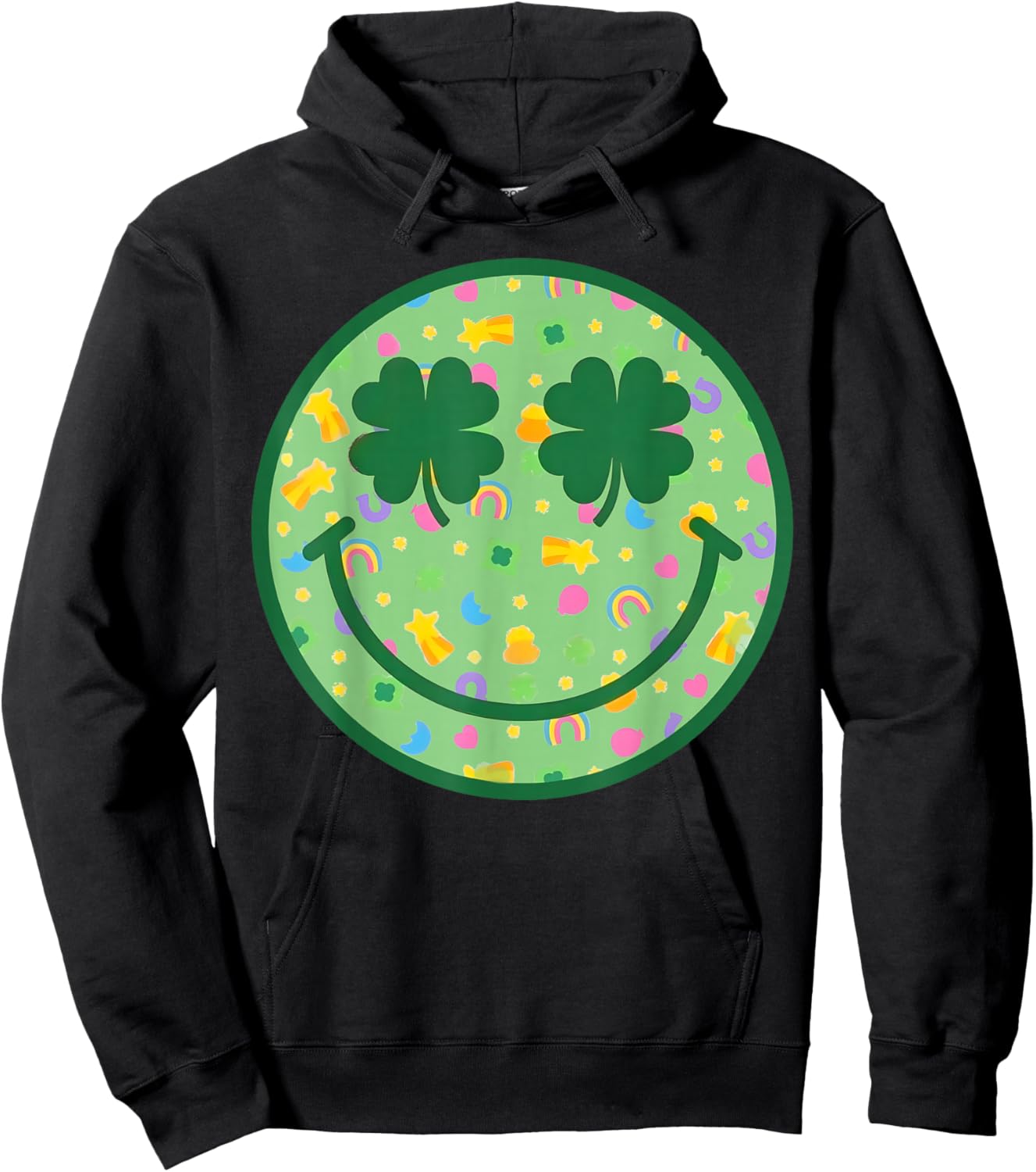 Groovy Shamrock Smile Face St Patricks Day Men Kids Funny Hoodie - Hoodie | Black