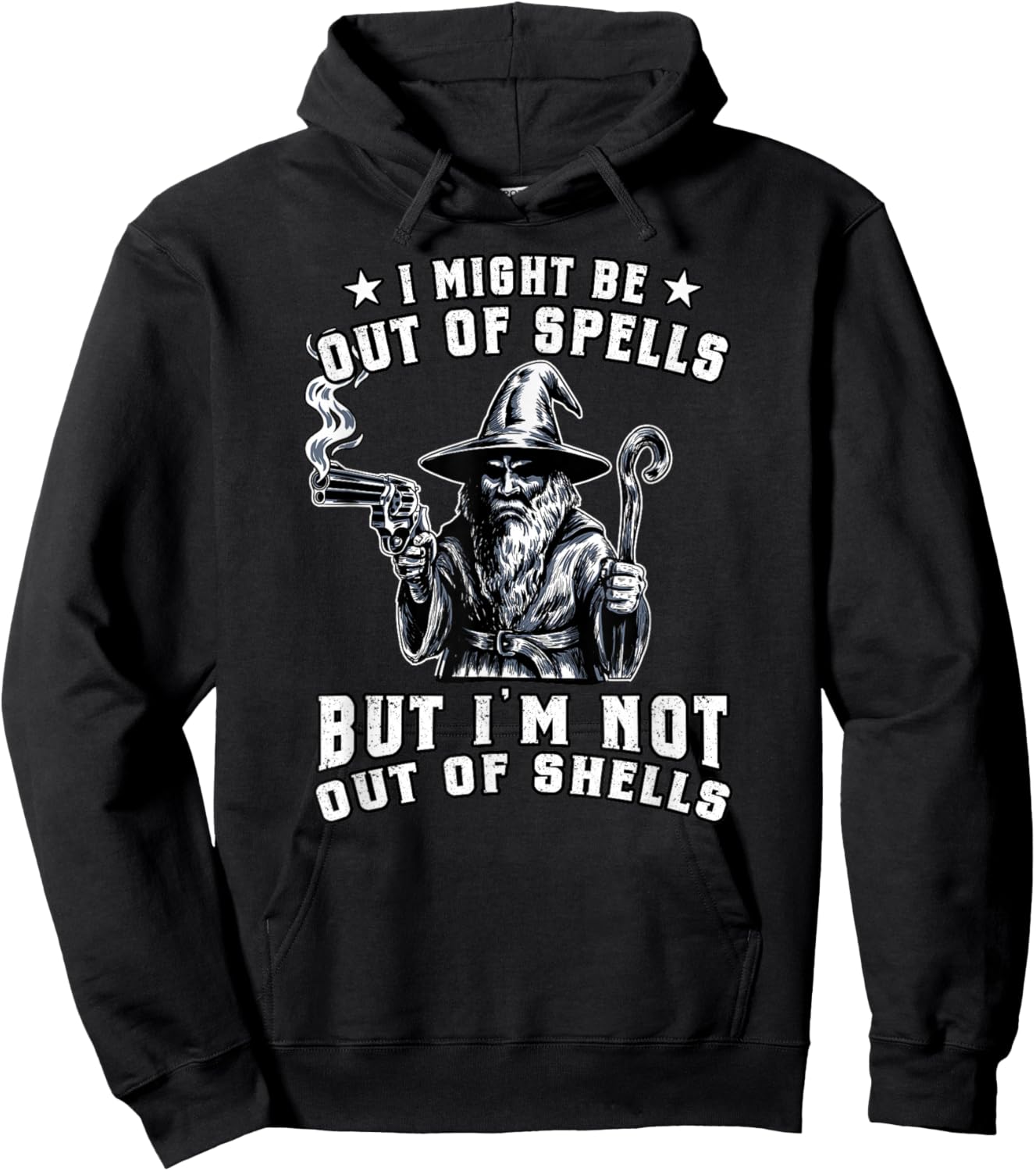 Funny Wizard Fantasy Meme Out of Spells Not Shells Vintage Hoodie - Hoodie | Black