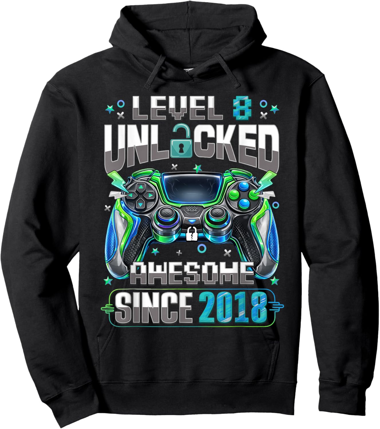 Level 8 Unlocked Awesome Since 2018 8th Birthday Gamer Boys Hoodie - Hoodie | Black