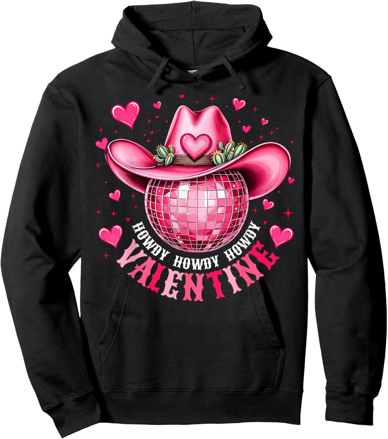 Howdy Valentine Disco Cowboy Hat Western Valentine’s Day Hoodie - Hoodie | Black