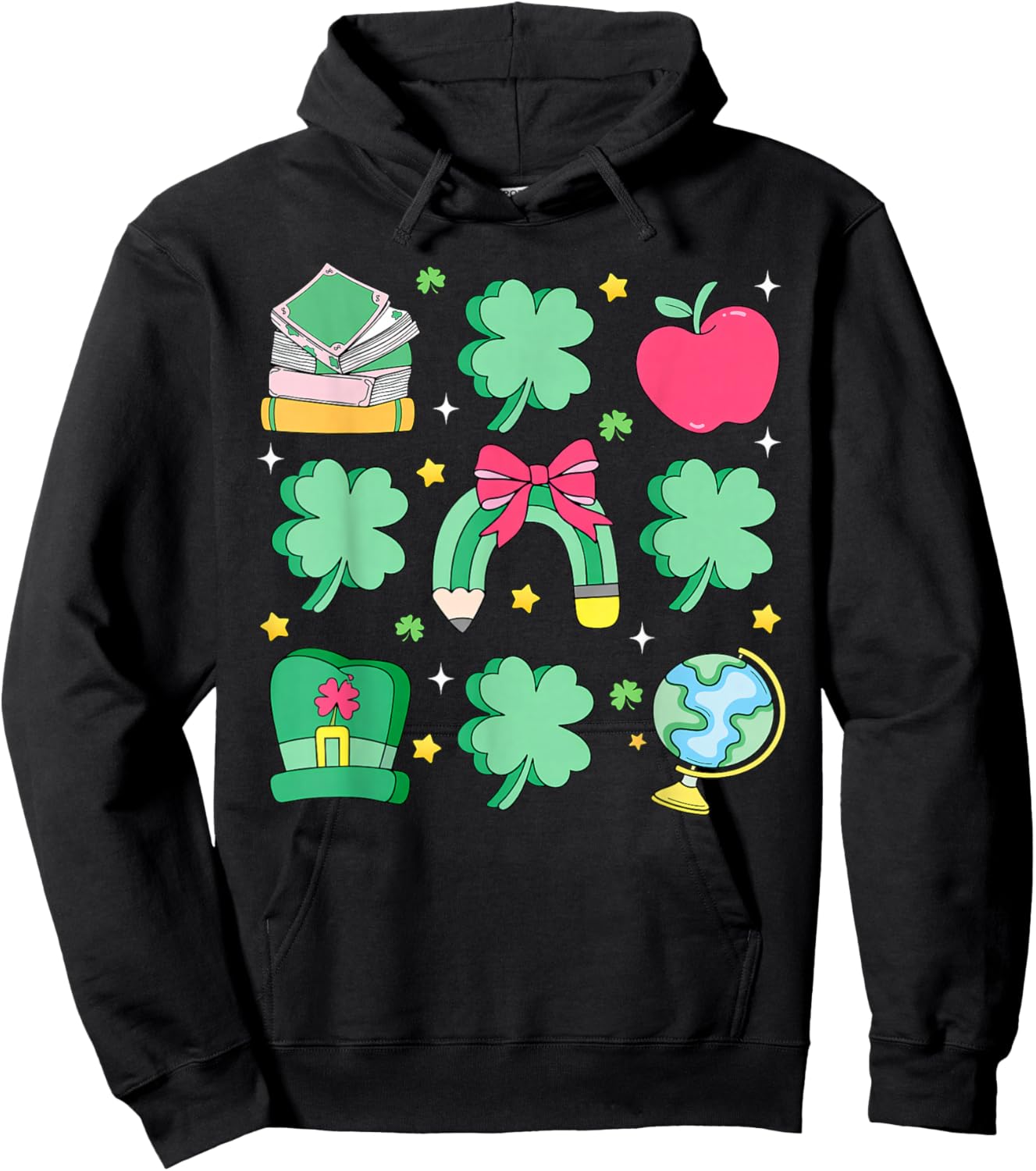 St Patrick's Day Lucky Teacher Shamrock Coquette Bow Pencil Hoodie - Hoodie | Black