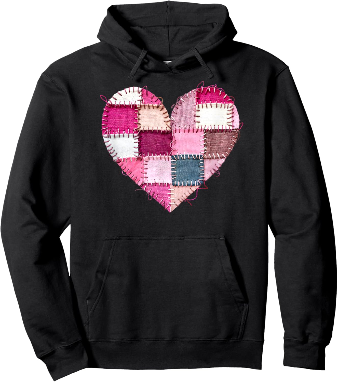 Valentine’s Day Faux Quilt Patchwork Heart Hoodie - Hoodie | Black