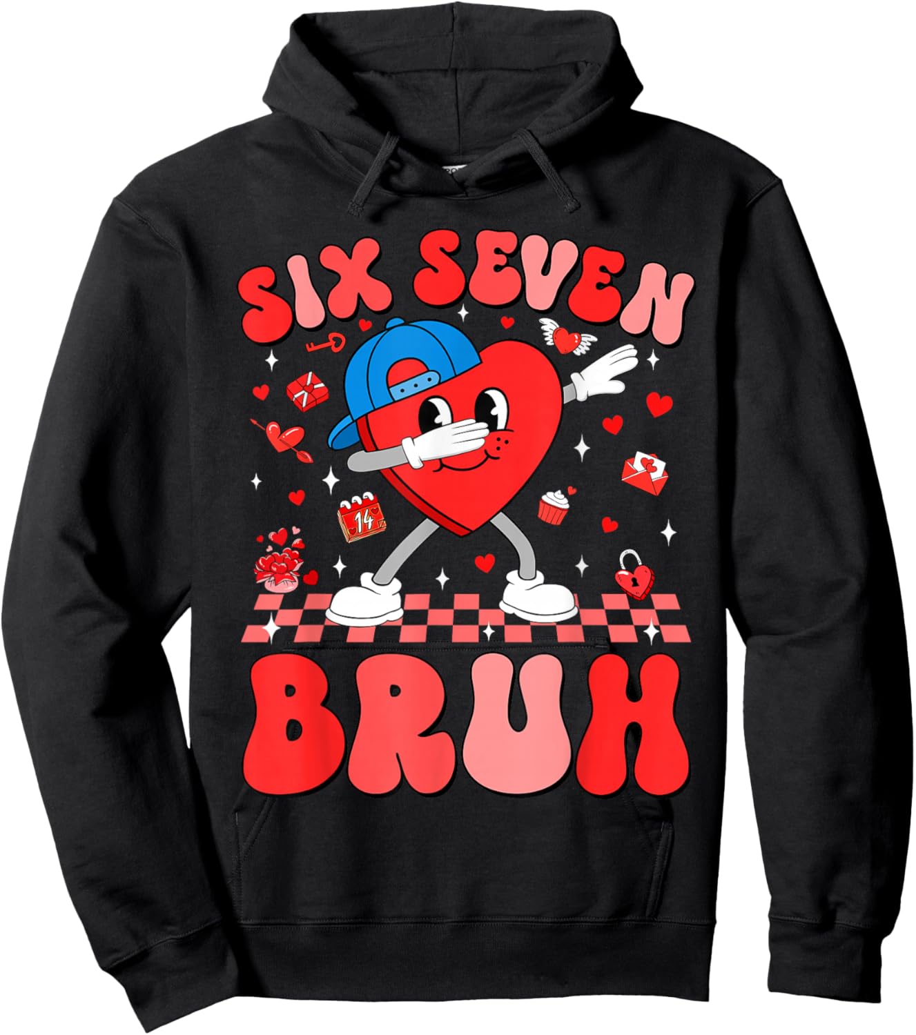 Valentines Day Six Seven Bruh 6 7 Meme Dab Heart Boys Kids Hoodie - Hoodie | Black