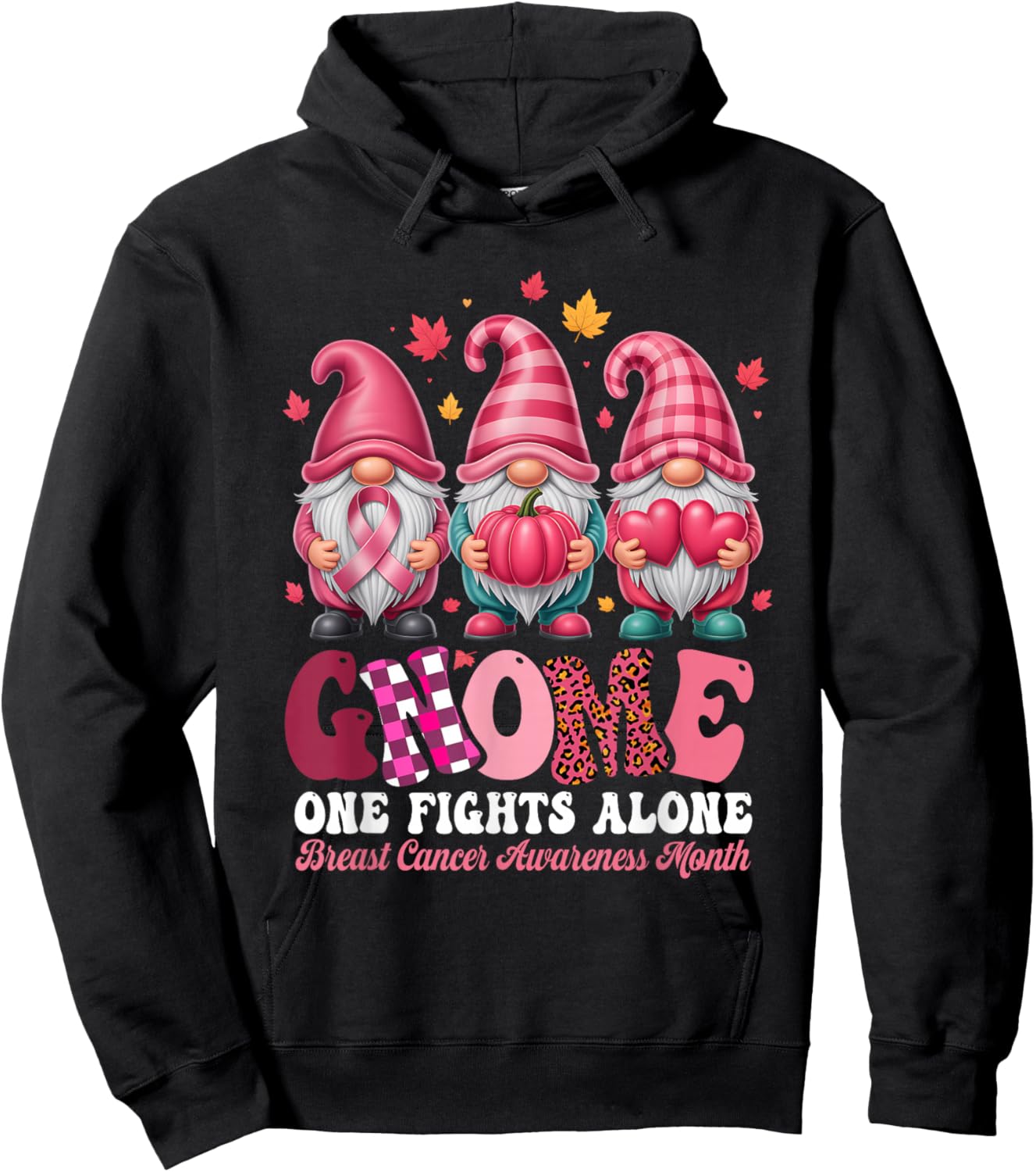 Pink Gnome One Fights Alone Breast Cancer Awareness Month Hoodie - Hoodie | Black