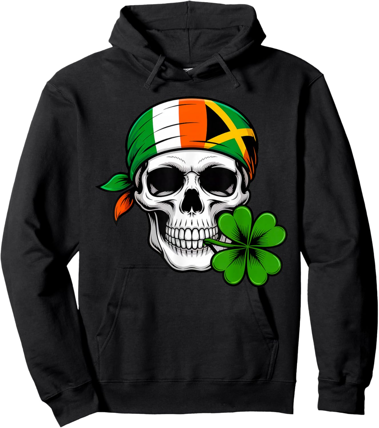 St Patrick's Day Irish Jamaican Skull Shamrock and Bandana Hoodie - Hoodie | Black