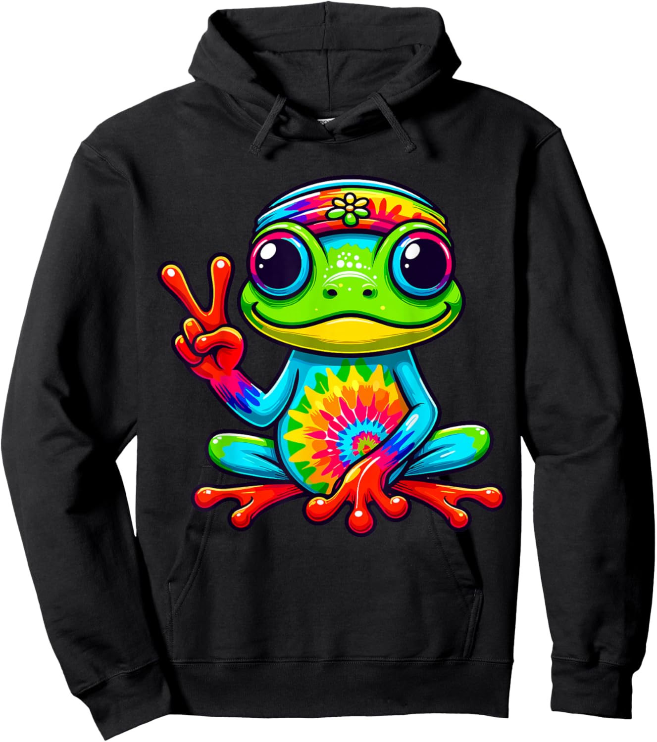 Tie-Dye Frog Peace Sign Hippie Hoodie - Hoodie | Black
