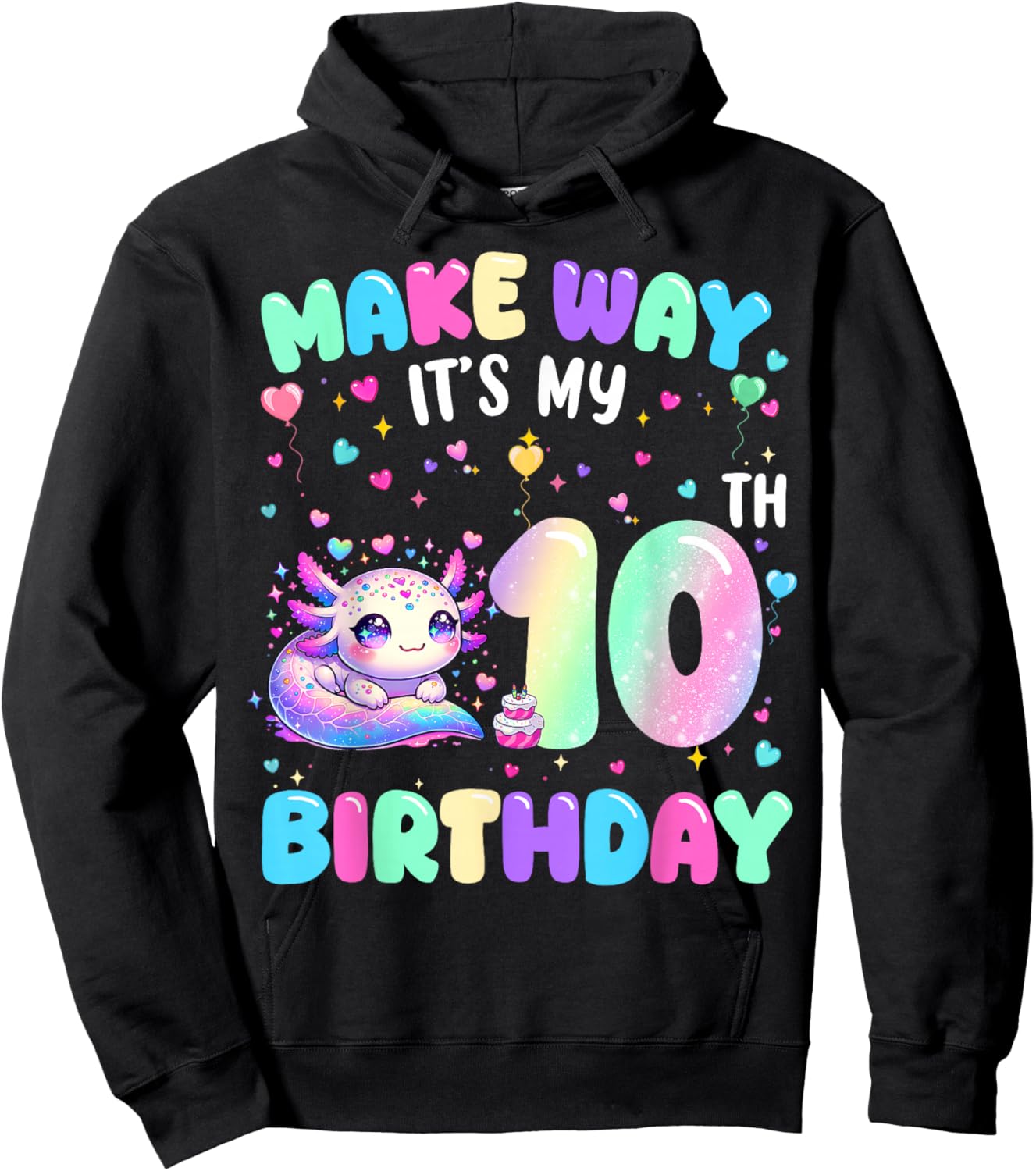 It's My 10th Birthday Girl Cute Axolotl 10 Year Old Kids Hoodie - Hoodie | Black