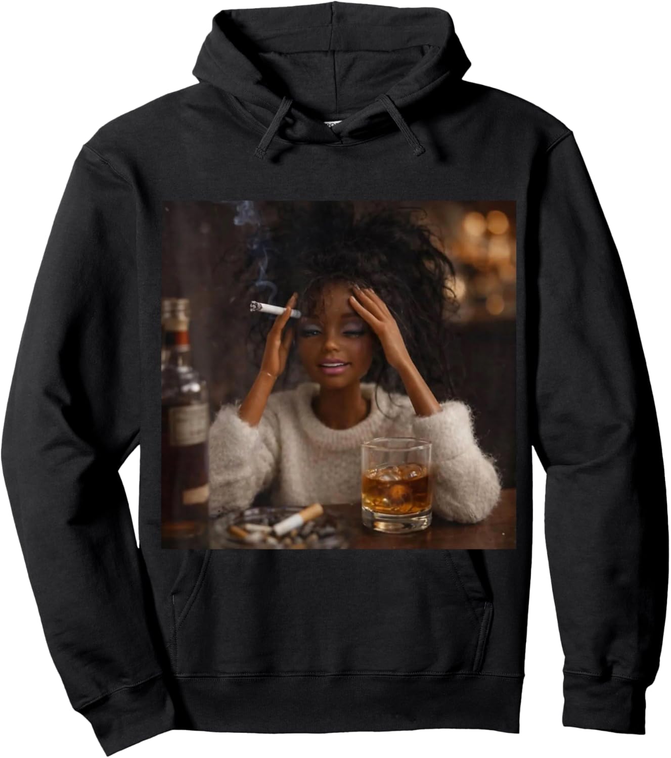 Funny Distressed Doll Face Meme Smoking Sarcastic Humor Gift Hoodie - Hoodie | Black
