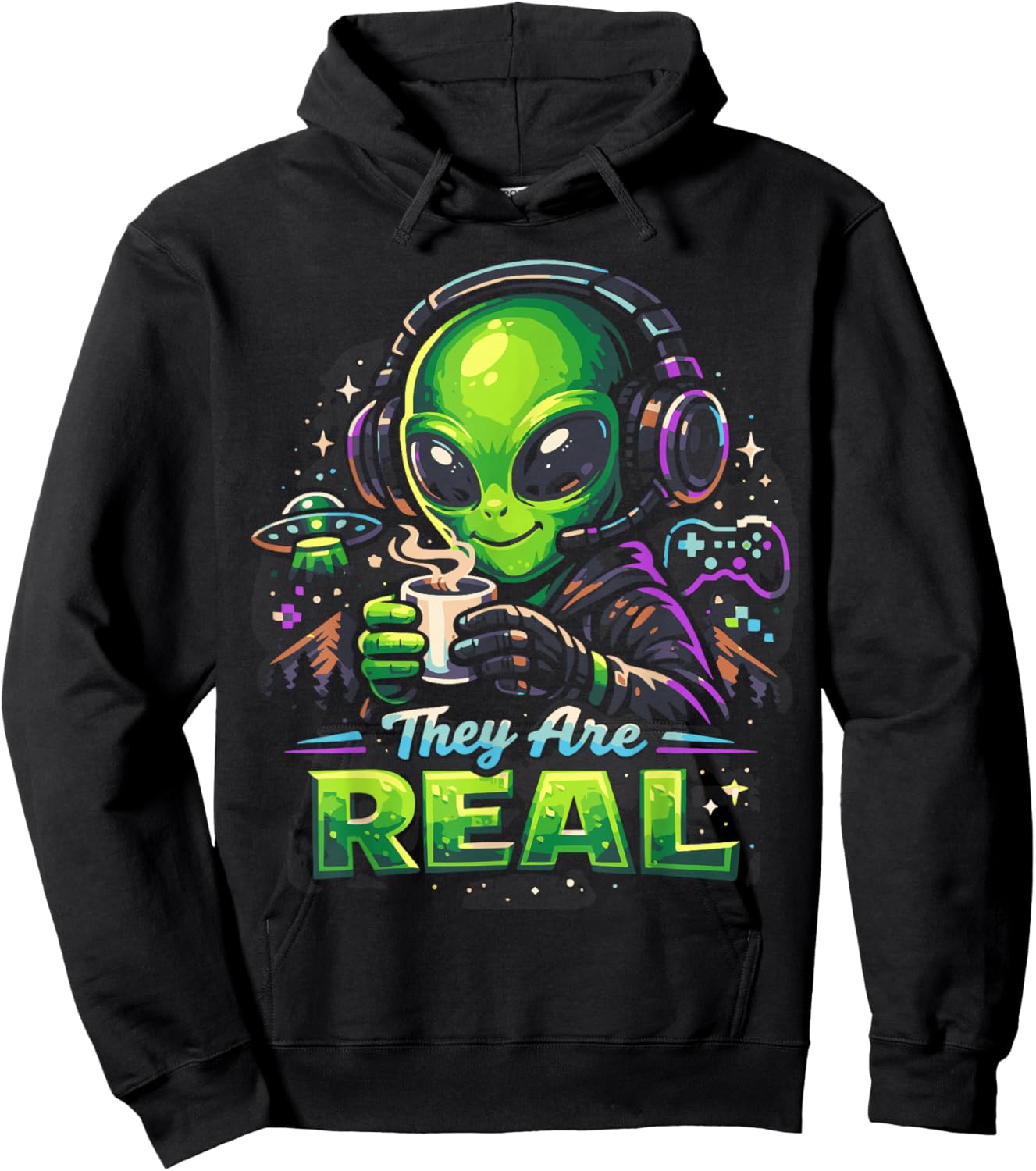 They are Real Alien Gamer Coffee Headset Space Graphic Hoodie - Hoodie | Black