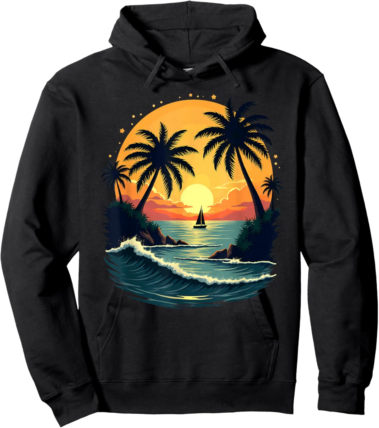 Retro Sunset Beach Palm Trees Sailboat Sailing Hoodie - Hoodie | Black