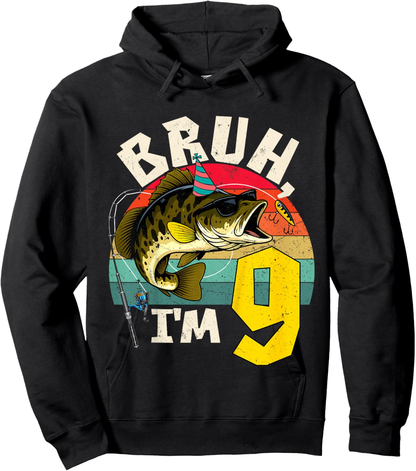 Bruh I'm 9 Years Old Fishing Birthday Theme Party Hoodie - Hoodie | Black