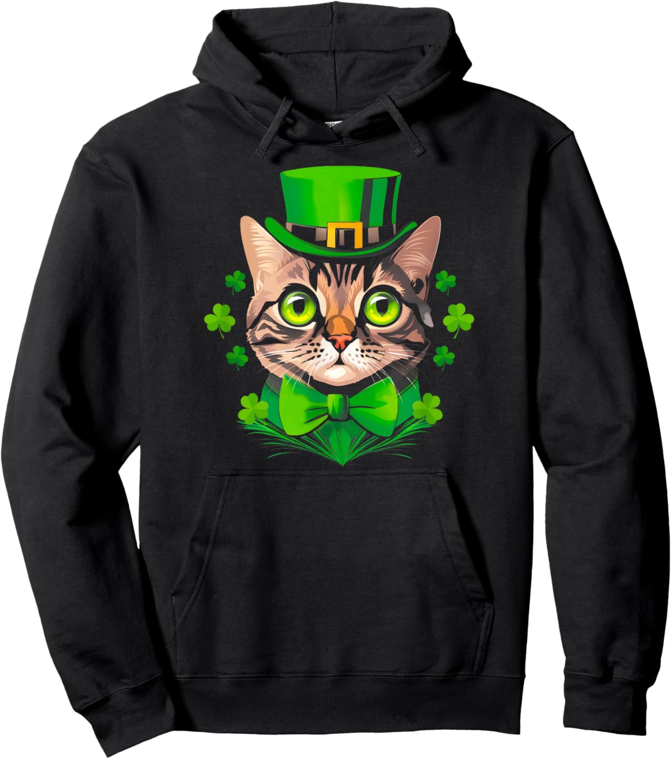 St Patricks Day Shamrock Cat Saint Pattys Women Girls Kids Hoodie - Hoodie | Black