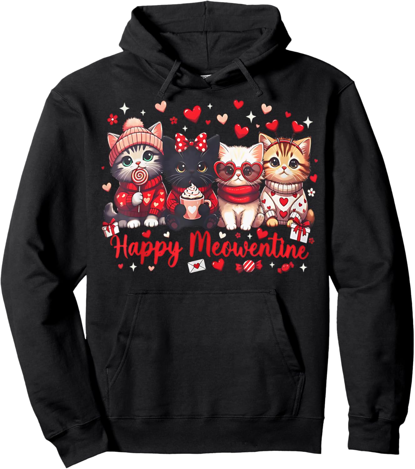 Happy Meowentines Cute Valentine Cat Lovers Girls Women Kid Hoodie - Hoodie | Black
