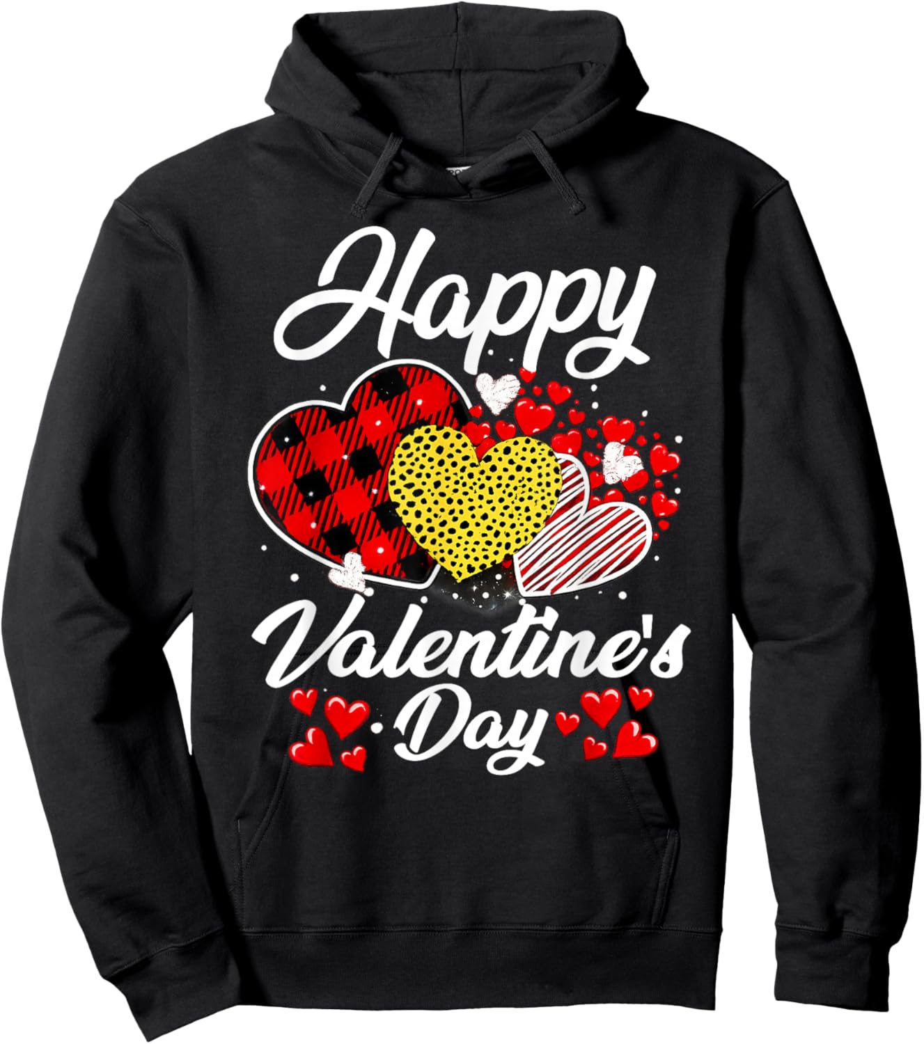 Happy Valentine's Day Hearts with Leopard Plaid Valentine Hoodie - Hoodie | Black