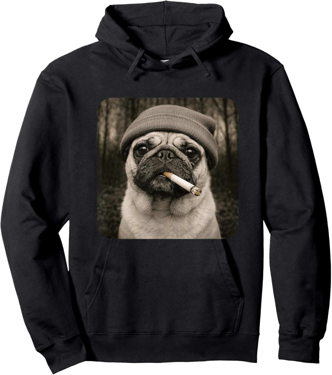 Funny Smoking Pug Dog Meme Cigarette Grunge Beanie Cigarette Hoodie - Hoodie | Black