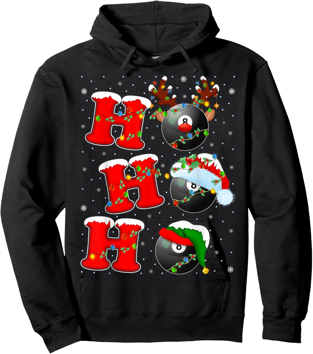 Ho Ho Ho Funny Santa Billiards 8 Ball Christmas Lights Hoodie - Hoodie | Black