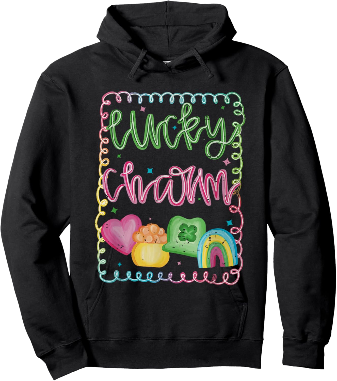 Retro Lucky Charm Rainbow Clover Irish Girly St Patricks Day Hoodie - Hoodie | Black