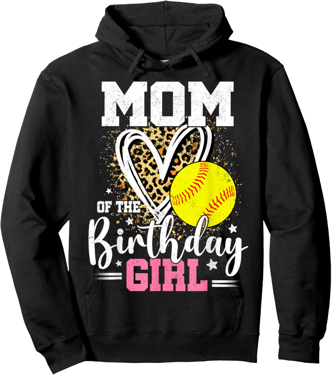 Mom of The Birthday Girl Softball Mom Leopard Heart Hoodie - Hoodie | Black
