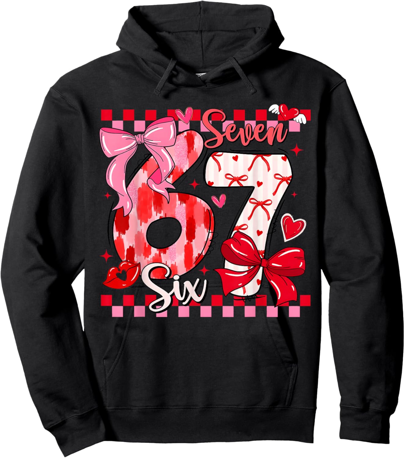 Valentine Coquette Bow Cute Six Seven 67 Meme Slang Girls Hoodie - Hoodie | Black