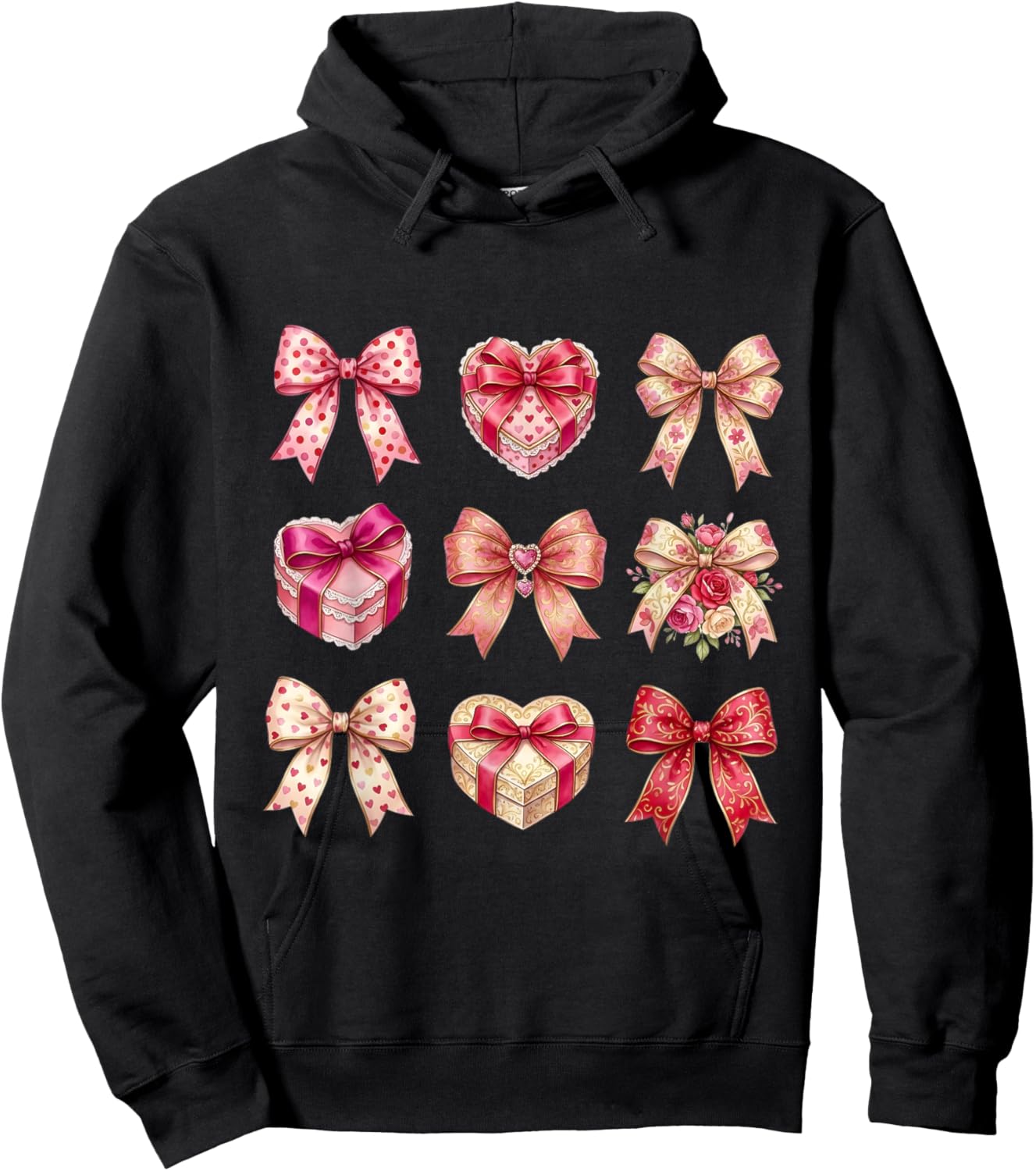 Valentines Day Hearts Coquette Bow Women Girls Boys Hoodie - Hoodie | Black