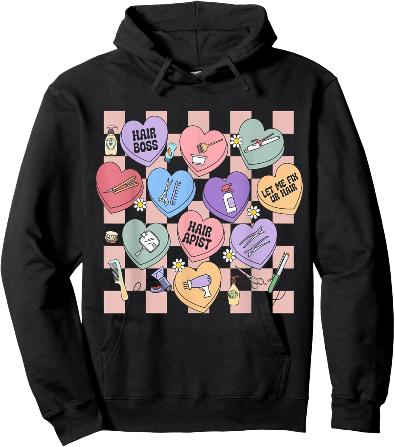 Checkered Hairstylist Heart Candy Valentines Hairdresser Hoodie - Hoodie | Black