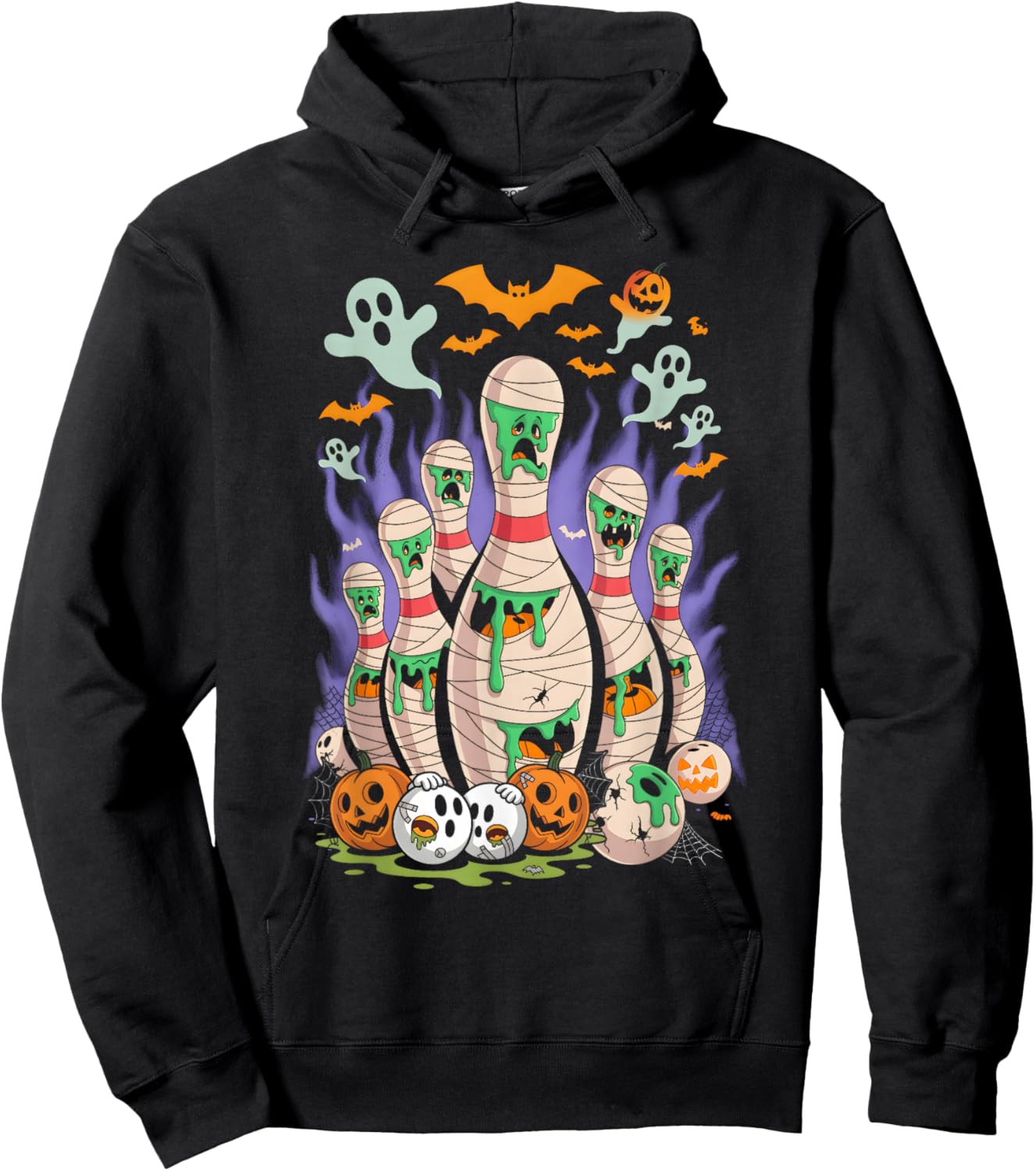 Cartoon Bowling Scared Bowling Pins Sport Bowler Halloween Hoodie - Hoodie | Black
