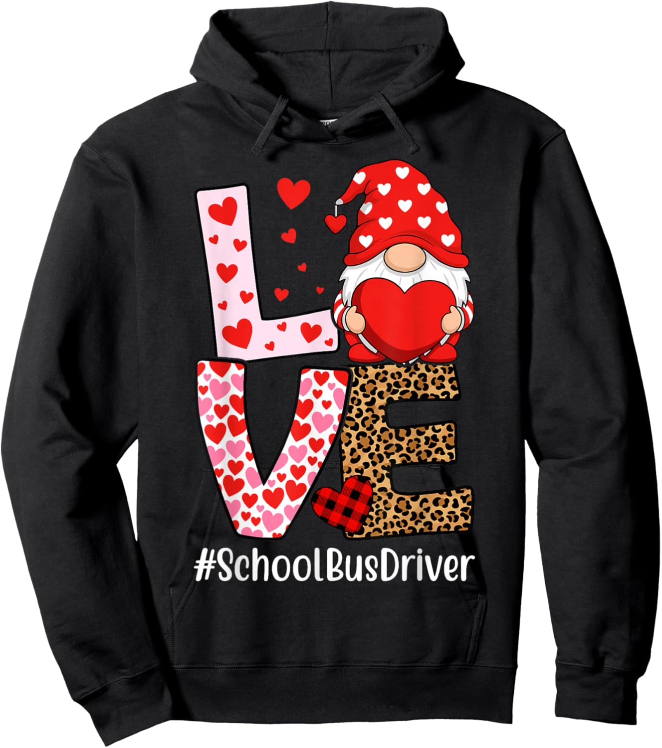 School Bus Driver Love Gnome Heart Valentine's Day Hoodie - Hoodie | Black