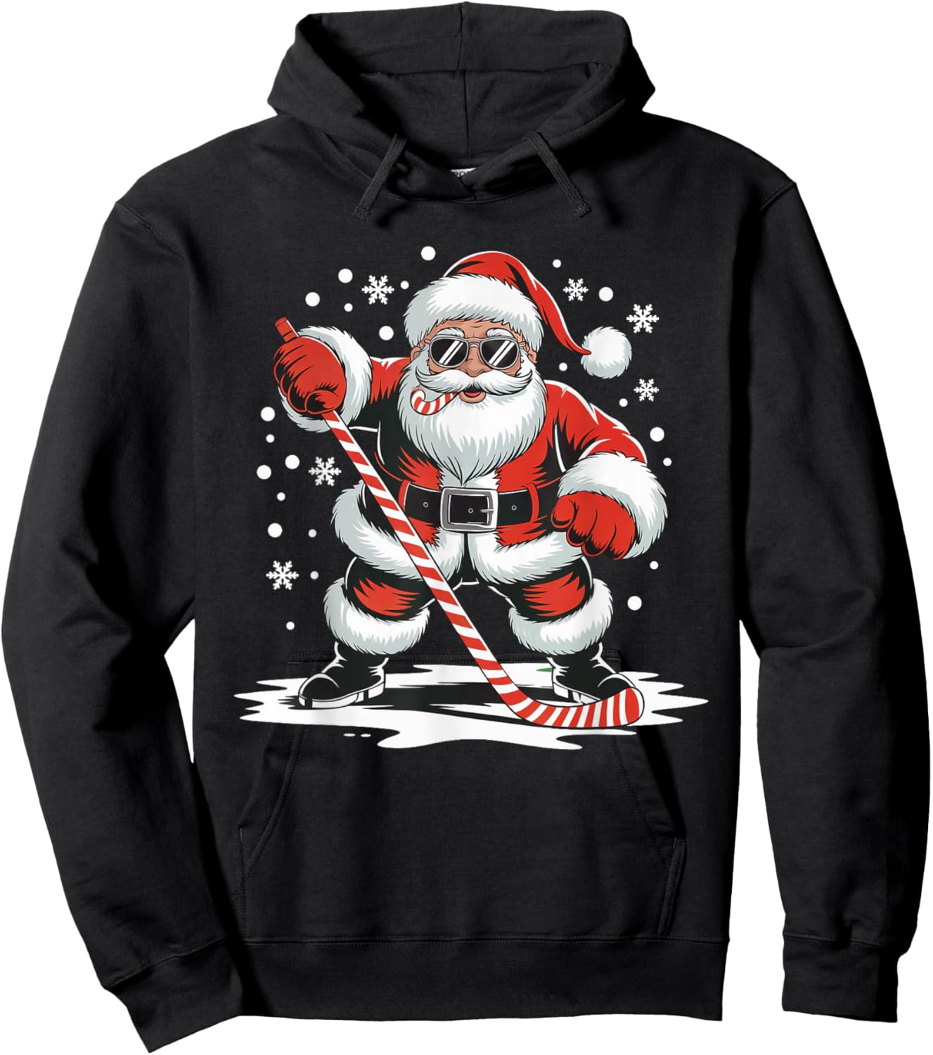 Hockey Christmas Santa Playing Sport Skating Candy Cane Fun Hoodie - Hoodie | Black